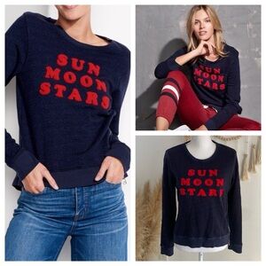 Sundry embroidered sweatshirt crew neck navy blue red sun moon stars zipper top